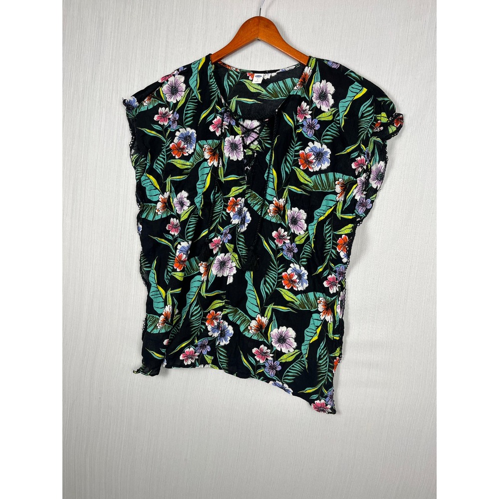 Old Navy Swim Coverup Womens S Black Floral Tropical Lace Up Tassel Boho Beach‎